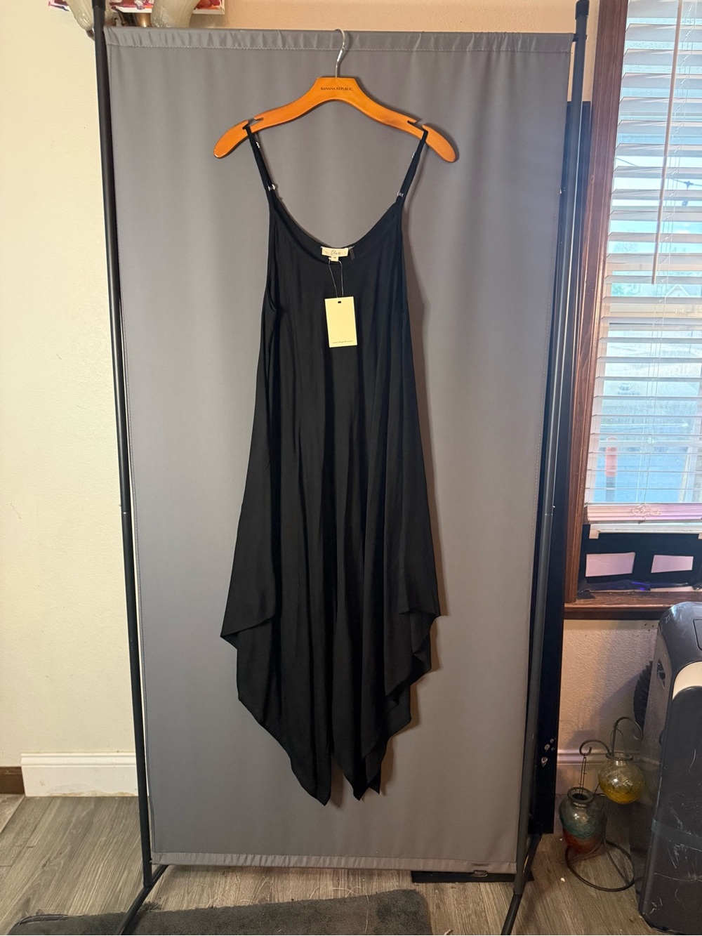 Elan Black Asymmetrical Slip Dress with Handkerchief Hem